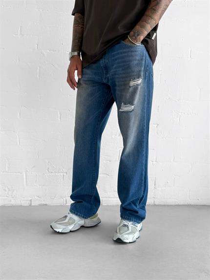 Erkek Yırtık Soluk Efektli Baggy Fit Jean Mavi