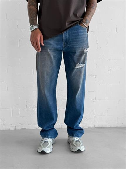 Erkek Yırtık Soluk Efektli Baggy Fit Jean Mavi