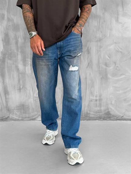 Erkek Yırtık Soluk Efektli Baggy Fit Jean Mavi