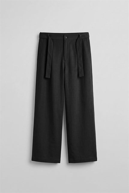 Erkek Yüksek Bel Kuşaklı Pamuklu Baggy Pantolon Siyah