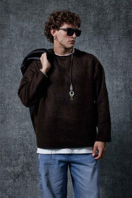 Erkek Dokulu Oversize Kazak Kahverengi