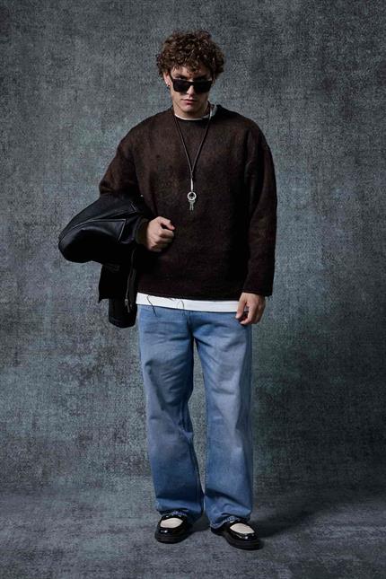 Erkek Dokulu Oversize Kazak Kahverengi