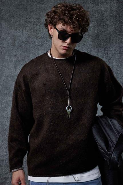 Erkek Dokulu Oversize Kazak Kahverengi