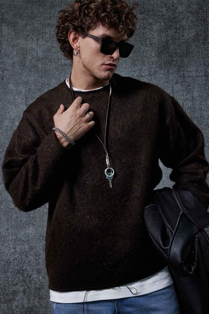 Erkek Dokulu Oversize Kazak Kahverengi