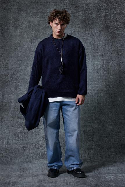 Erkek Dokulu Oversize Kazak Lacivert