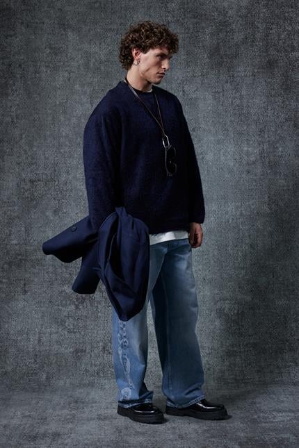 Erkek Dokulu Oversize Kazak Lacivert