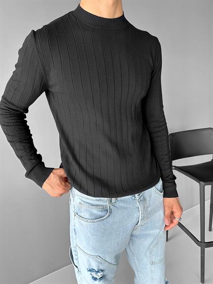 Erkek Yuvarlak Yaka Çizgili Triko Kazak Siyah