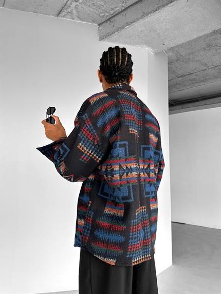 Erkek Etnik Desenli Gömlek Siyah