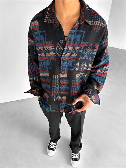 Erkek Etnik Desenli Gömlek Siyah