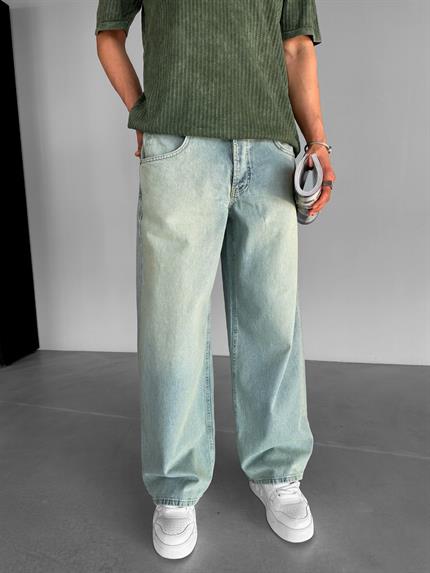 Erkek Süper Baggy Fit Yıkamalı Jean Pantolon Buz Mavi