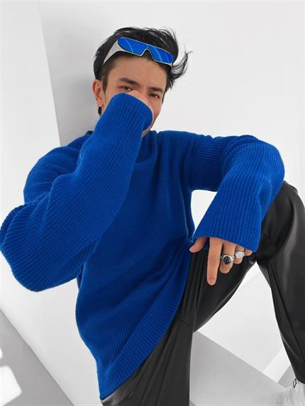 Erkek Extra Oversize Fitilli Örme Kazak Saks Mavi