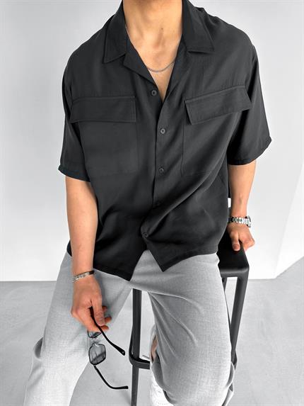 Erkek Extra Oversize İki Cepli Gömlek Siyah