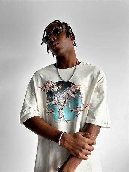 Erkek Baskılı Oversize T-Shirt Beyaz