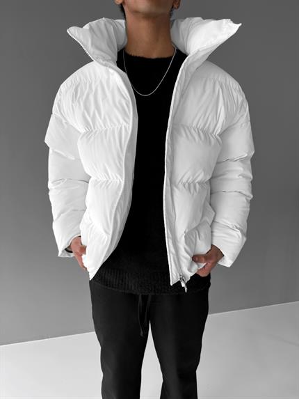 Erkek Fermuarlı Cepli Şişme Mont Beyaz