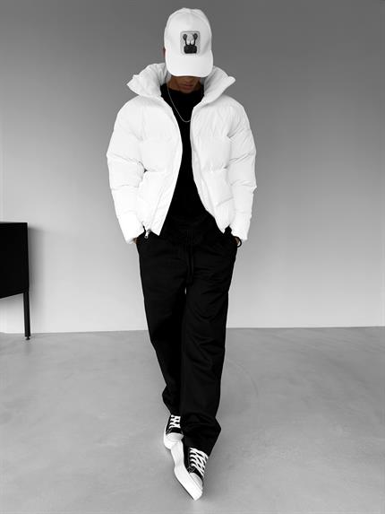 Erkek Fermuarlı Cepli Şişme Mont Beyaz