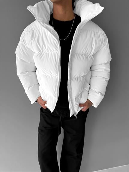 Erkek Fermuarlı Cepli Şişme Mont Beyaz
