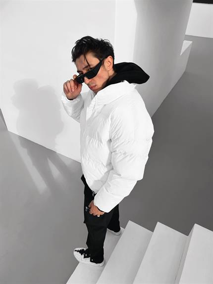 Erkek Fermuarlı Cepli Şişme Mont Beyaz