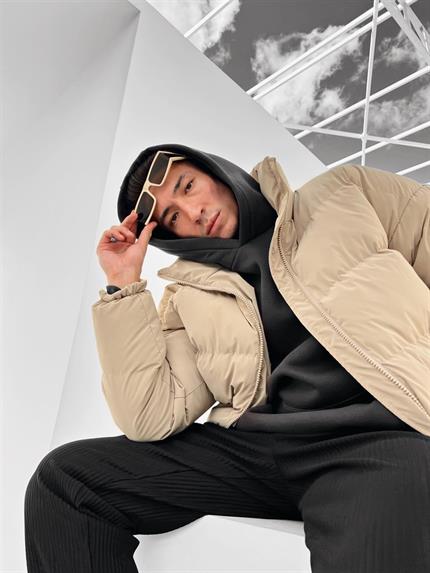 Erkek Fermuarlı Cepli Şişme Mont Camel