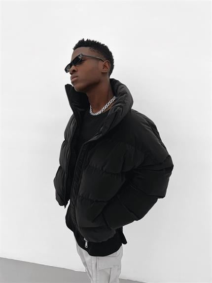 Erkek Fermuarlı Cepli Şişme Mont Siyah