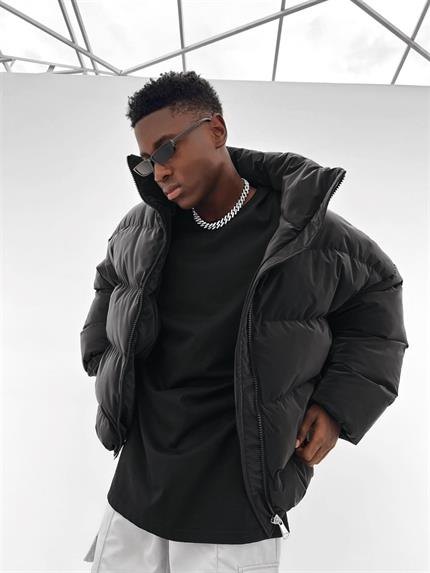 Erkek Fermuarlı Cepli Şişme Mont Siyah