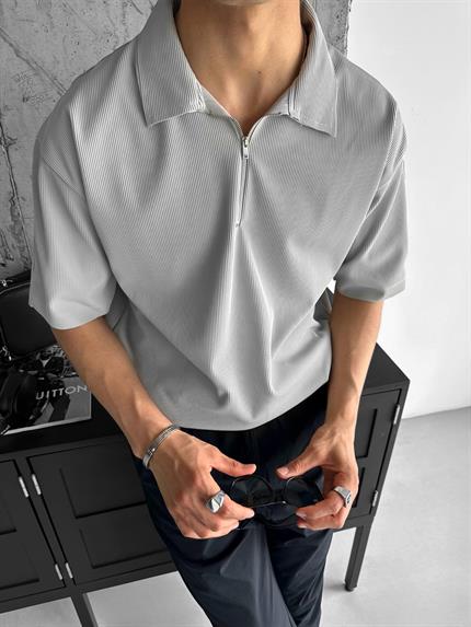 Erkek Fermuarlı Polo Yaka T-Shirt Açık Gri