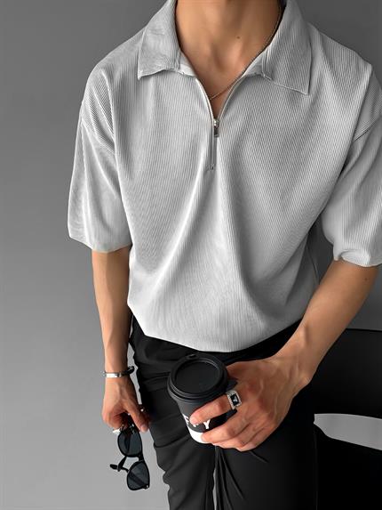 Erkek Fermuarlı Polo Yaka T-Shirt Açık Gri