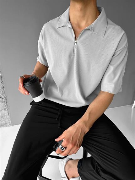 Erkek Fermuarlı Polo Yaka T-Shirt Açık Gri