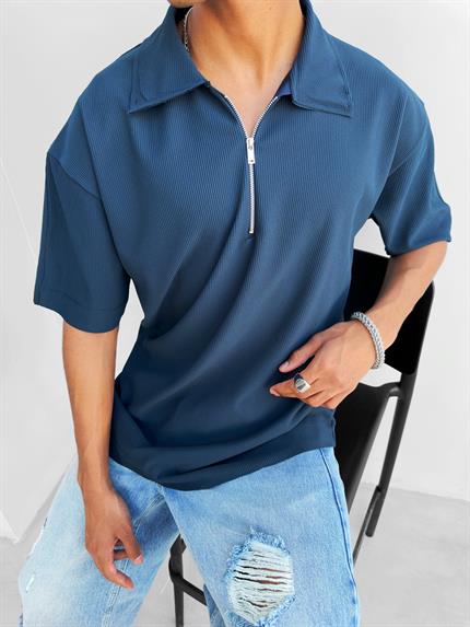 Erkek Fermuarlı Polo Yaka T-Shirt Lacivert