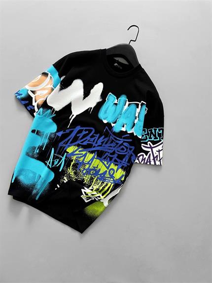 Erkek Grafiti Baskılı Oversize T-Shirt Siyah