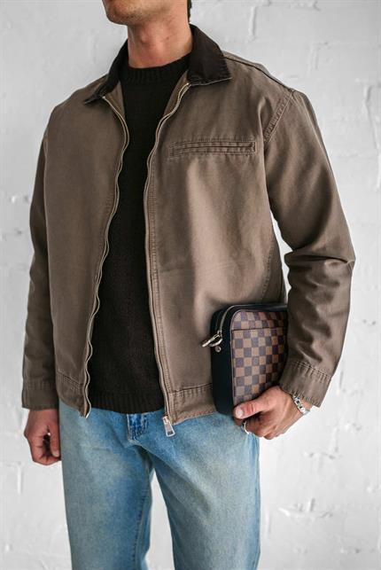 Erkek Kontrast Yakalı Regular Fit Denim Ceket Açık Kahve