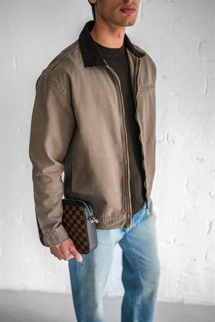 Erkek Kontrast Yakalı Regular Fit Denim Ceket Açık Kahve