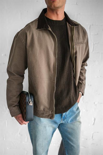 Erkek Kontrast Yakalı Regular Fit Denim Ceket Açık Kahve