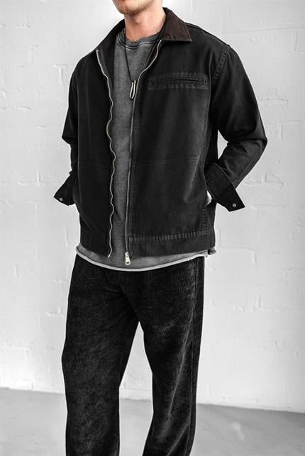 Erkek Kontrast Yakalı Regular Fit Denim Ceket Siyah