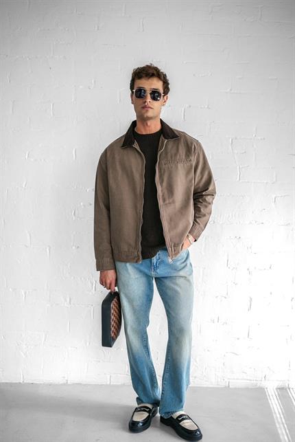 Erkek Kontrast Yakalı Regular Fit Denim Ceket Açık Kahve