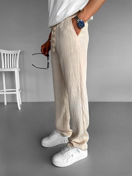 Erkek Baggy Fit Desenli Beli Lastikli Rahat Pantolon Bej