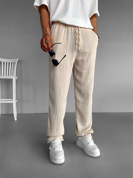 Erkek Baggy Fit Desenli Beli Lastikli Rahat Pantolon Bej