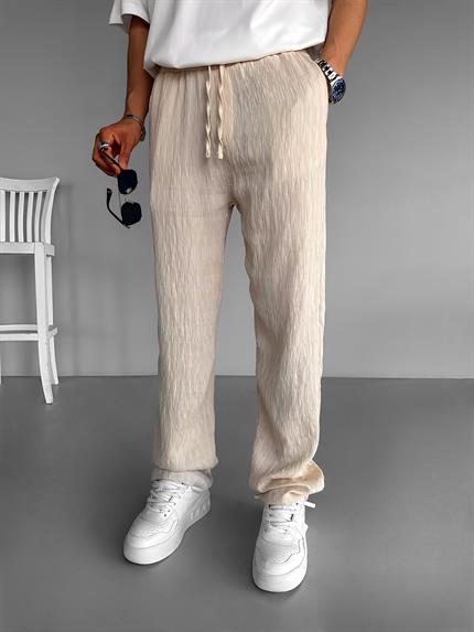 Erkek Baggy Fit Desenli Beli Lastikli Rahat Pantolon Bej