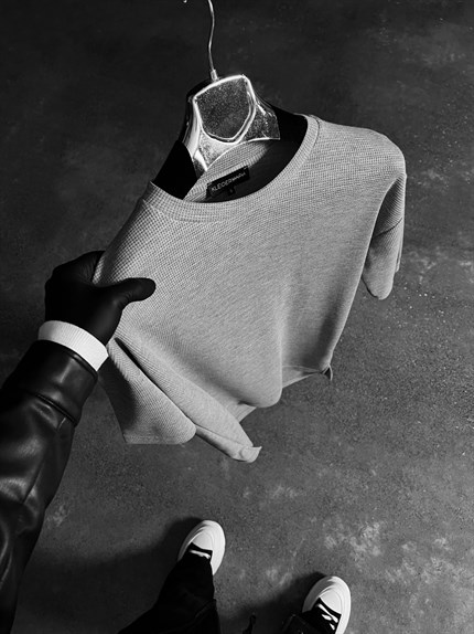 Erkek Long Fit Dokulu Basic T-Shirt Gri