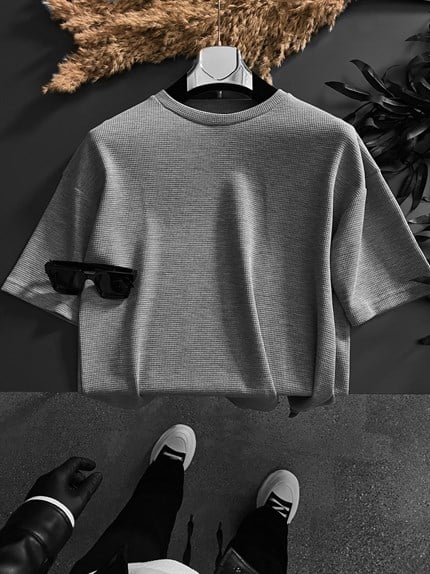 Erkek Long Fit Dokulu Basic T-Shirt Gri