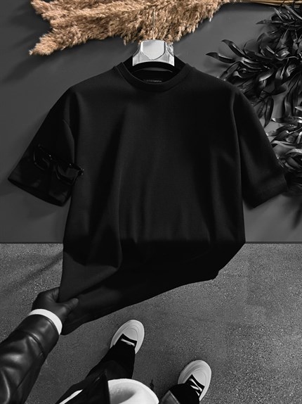 Erkek Long Fit Dokulu Basic T-Shirt Siyah