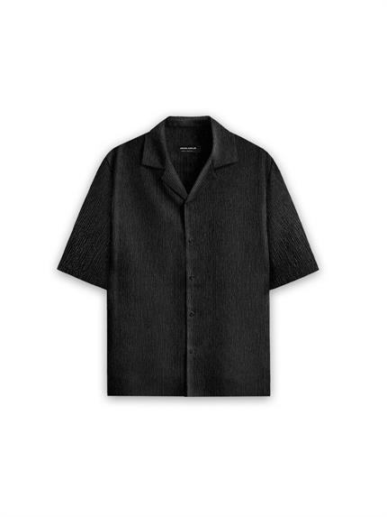 Erkek Long Fit Gofre Kumaş Esnek Küba Yaka Gömlek Siyah