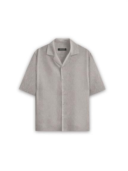 Erkek Long Fit Gofre Kumaş Esnek Küba Yaka Gömlek Bej