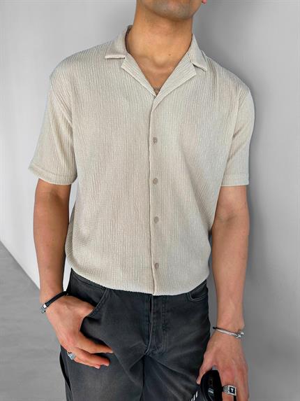 Erkek Long Fit Gofre Kumaş Esnek Küba Yaka Gömlek Bej