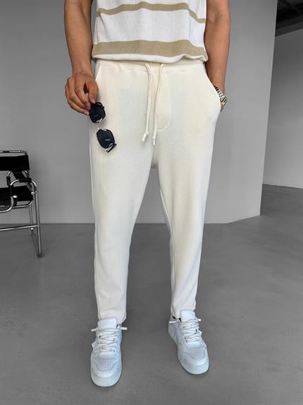 Erkek Loose Fit İpli Esnek Triko Rahat Pantolon Ekru
