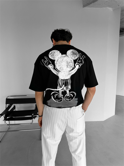 Erkek Mickey Mouse Baskılı Oversize T-Shirt Siyah