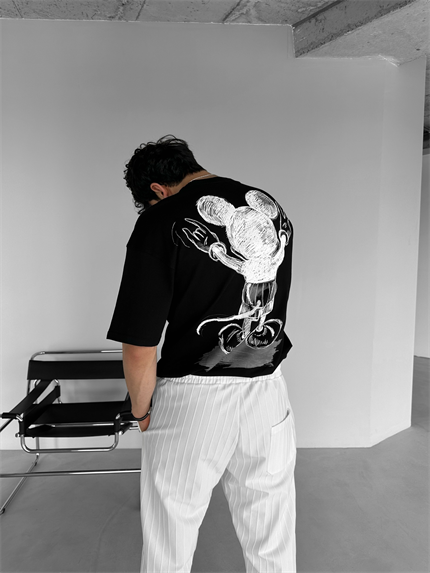Erkek Mickey Mouse Baskılı Oversize T-Shirt Siyah