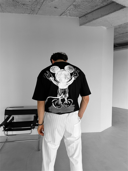 Erkek Mickey Mouse Baskılı Oversize T-Shirt Siyah