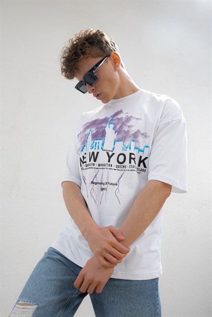 Erkek New York Baskılı Oversize T-Shirt Beyaz