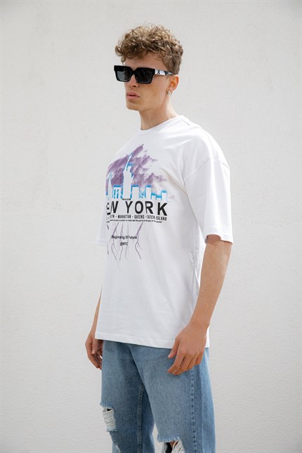 Erkek New York Baskılı Oversize T-Shirt Beyaz