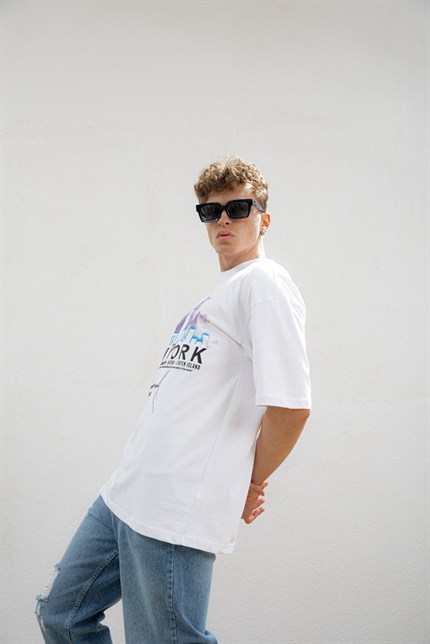 Erkek New York Baskılı Oversize T-Shirt Beyaz